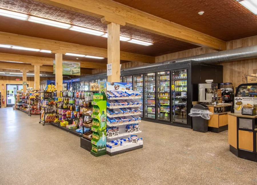 Beverage coolers, snacks, and coffee area