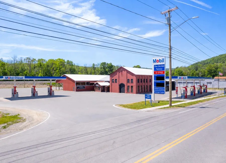 The Old Bat Factory exterior with Mobil pumps
